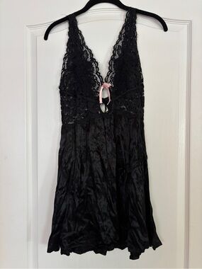 For Love & Lemons Black Lace and Satin Mini Dress with Pink Bow